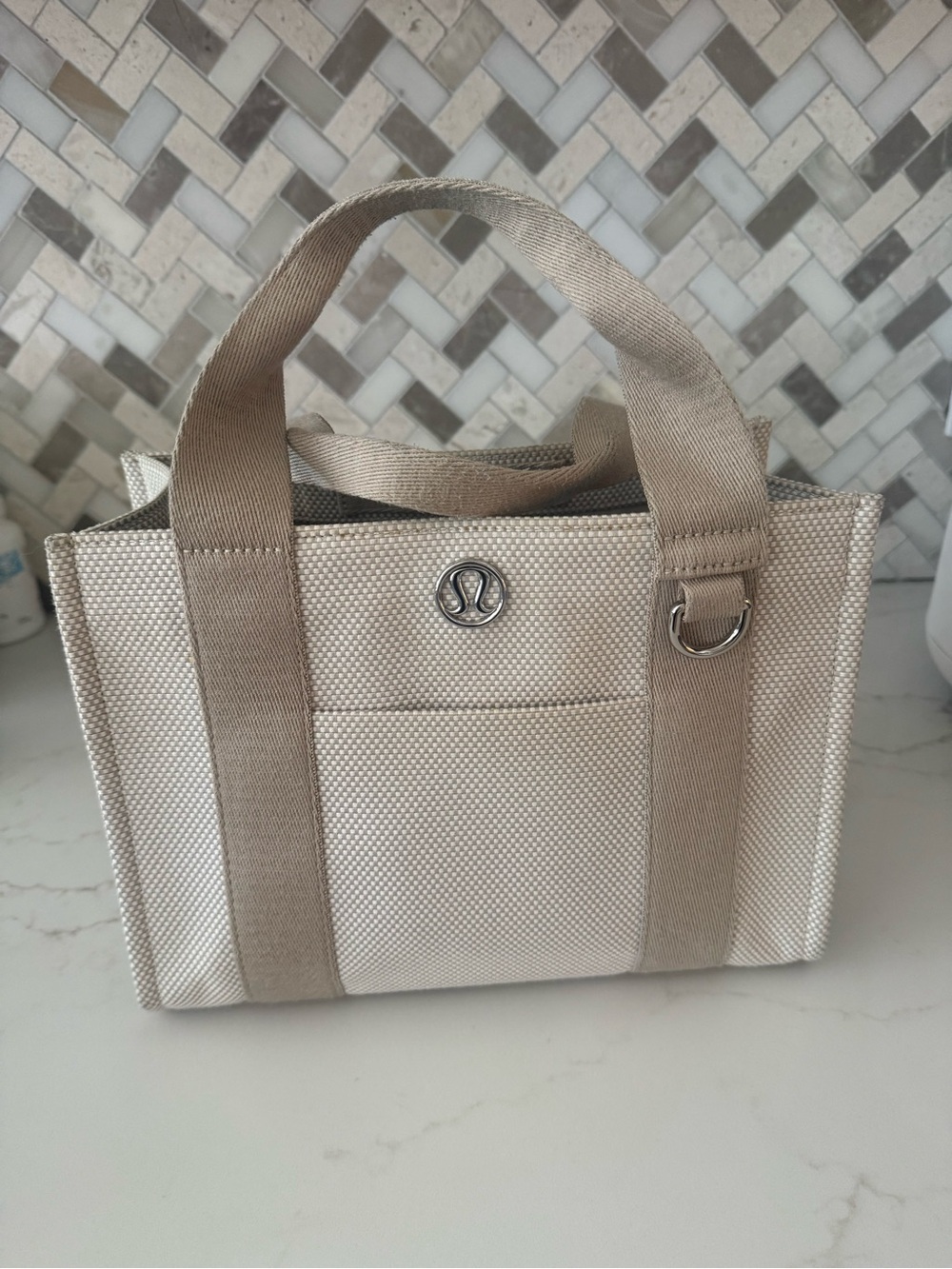 Lululemon Athletica Neutral, Beige,and Cream Canvas Tote with Silver Hardware